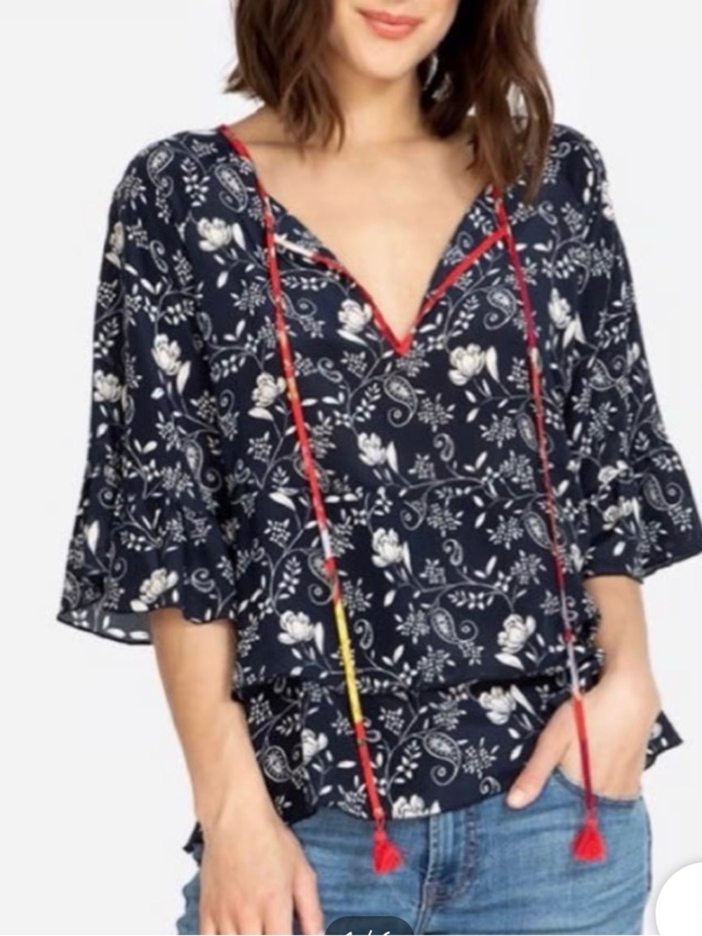 Jade by Johnny Was Lago Silk Tiered Top with Ruffled Bell Sleeves in Navy Size S